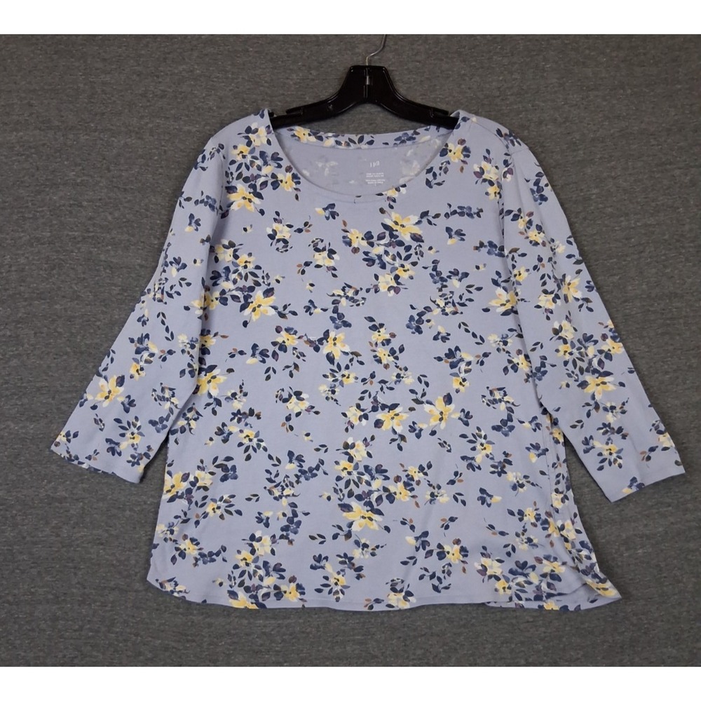 J Jill Womens Shirt Large Blue Floral Pima Cotton Capsule Coastal Prairie Granny